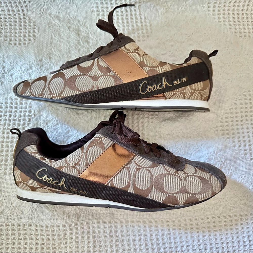 Coach Hadley Brown Signature Canvas Brown Suede Lace Up Shoes Sneakers Size 9M